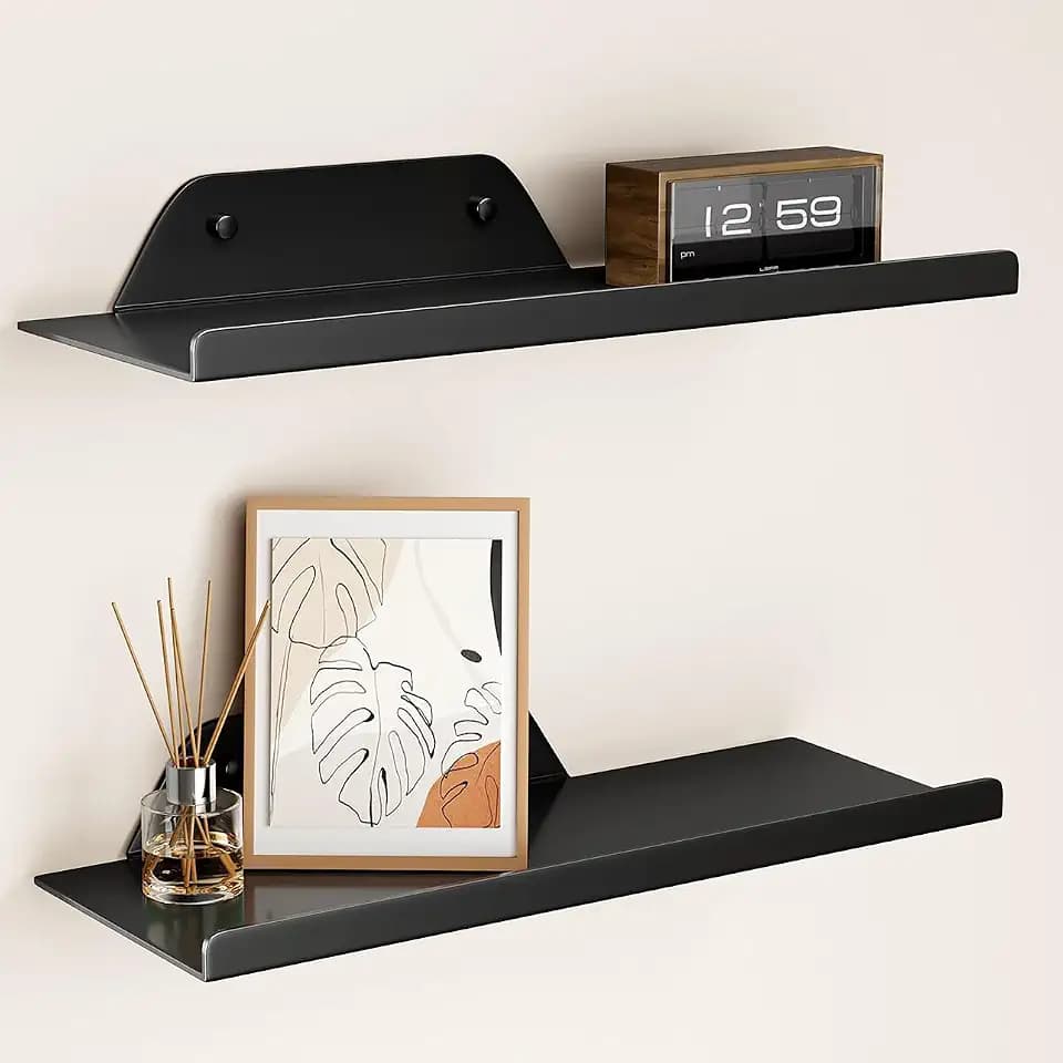 Floating Shelves for Wall, Wall Shelves, Off Center Metal Shelves for Living Room, 12” Modern Black Hanging Shelves for Decor Bedroom Bathroom Kitchen Plants(2 PCS)