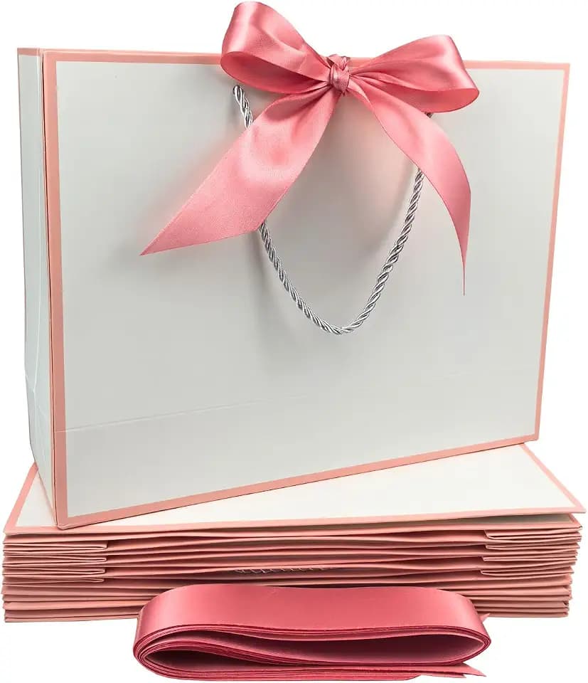 TKSBAG 12 Pack Medium White and Rose Gold Gift Bags with Handles & Bow
