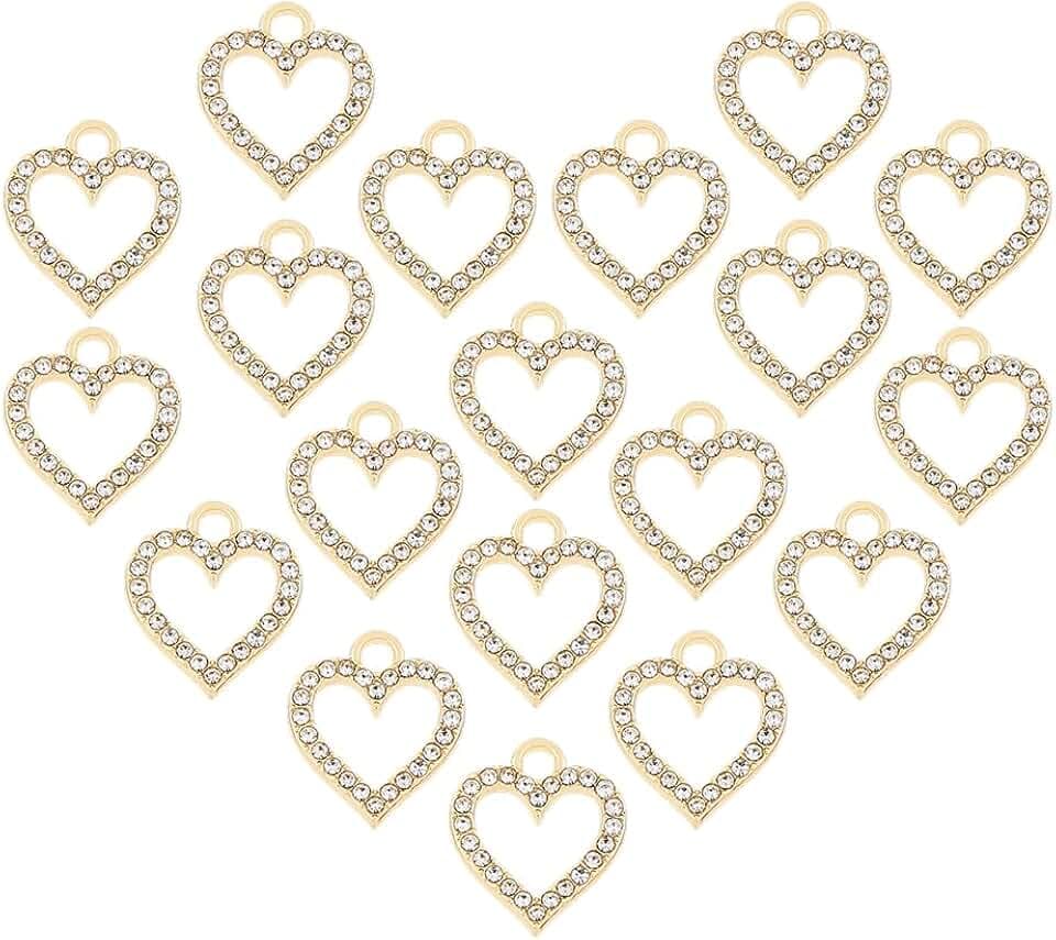 SUPERFINDINGS 60Pcs Rhinestone Heart Charm Gold Love Charm Alloy Shiny Love Dangle Pendants Charms Diamond Charms Hollow Heart Pendants for DIY Crafts Jewelry Making Valentine's Day