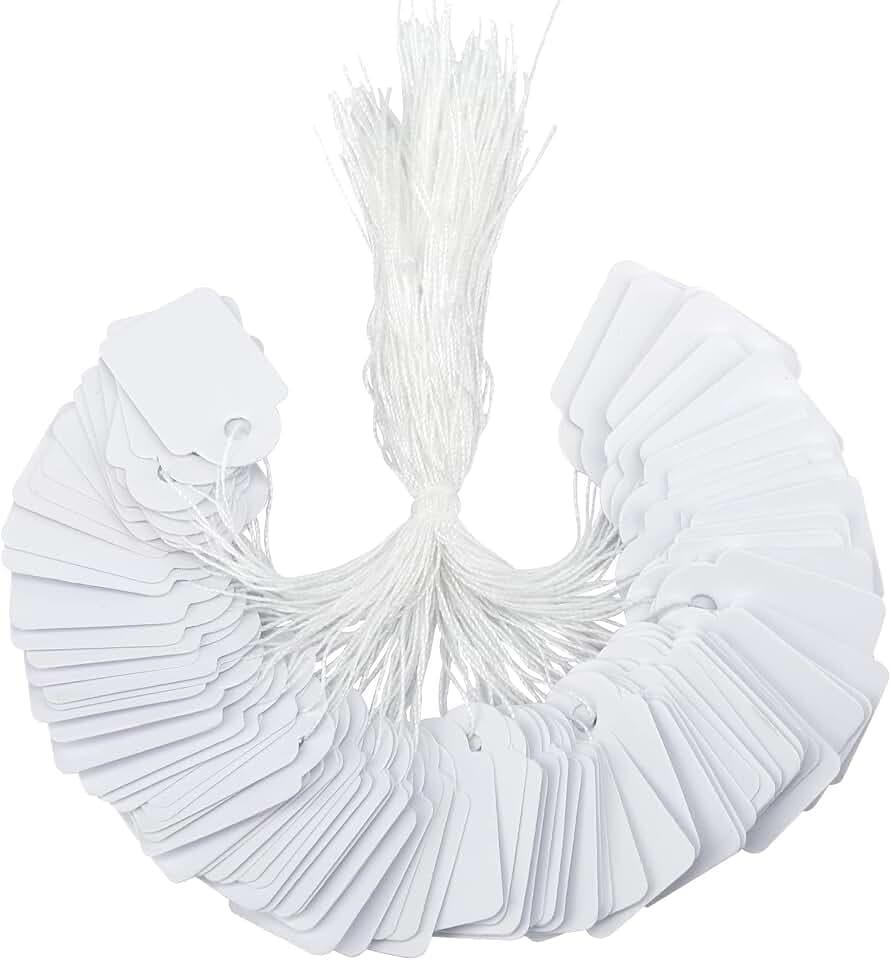 G2PLUS 1000PCS Small Price Tags with String Attached, 0.94 X 0.59 in White Blank Marking Tags, Pricing Display Tag Writable Label Hang Tag for Jewelry Price, Clothing Garage Yard Sale Supplies