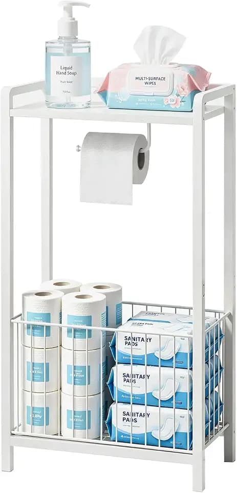 Freestanding Toilet Paper Holder with Storage Shelf, for Small Bathrooms