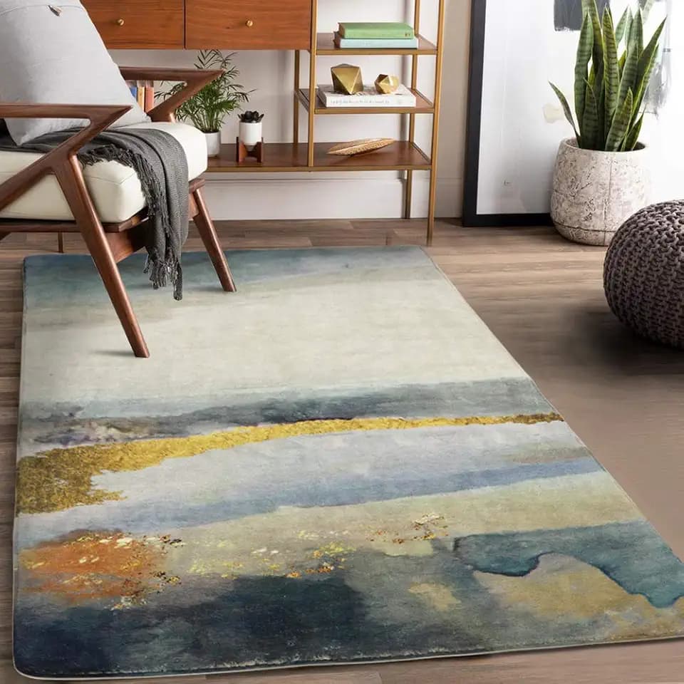 Lahome Modern Abstract Washable Area Rug - 3'x5' Bedroom Bathroom Entryway Rug Non-Slip Accent Distressed Blue Throw Rug Floor Carpet for Kitchen Entry Laundry Living Room Rug Decor