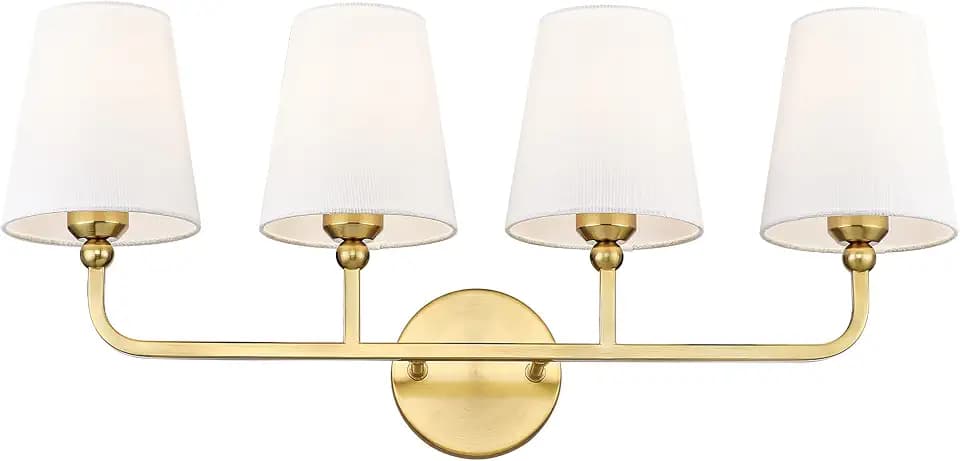 4-Light Brushed Gold Bathroom Vanity Light, White Fabric Shades