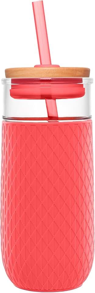 Ello Devon 18oz Glass Tumbler with Straw & Lid for Iced Coffee, Coral