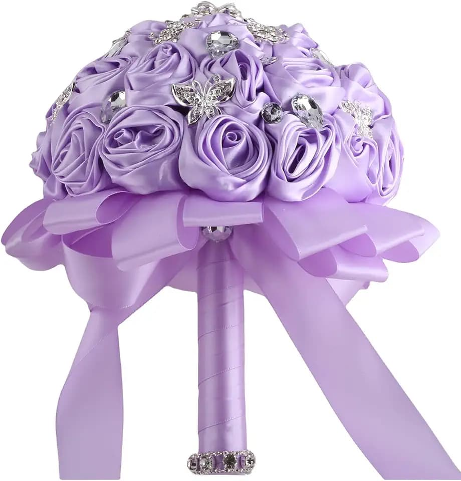 6.3" Light Purple Bridal Wedding Bouquet Throw Toss Artificial Rose Flower Bunch with Bling Brooch for Bride Bridesmaid Wedding Quinceanera