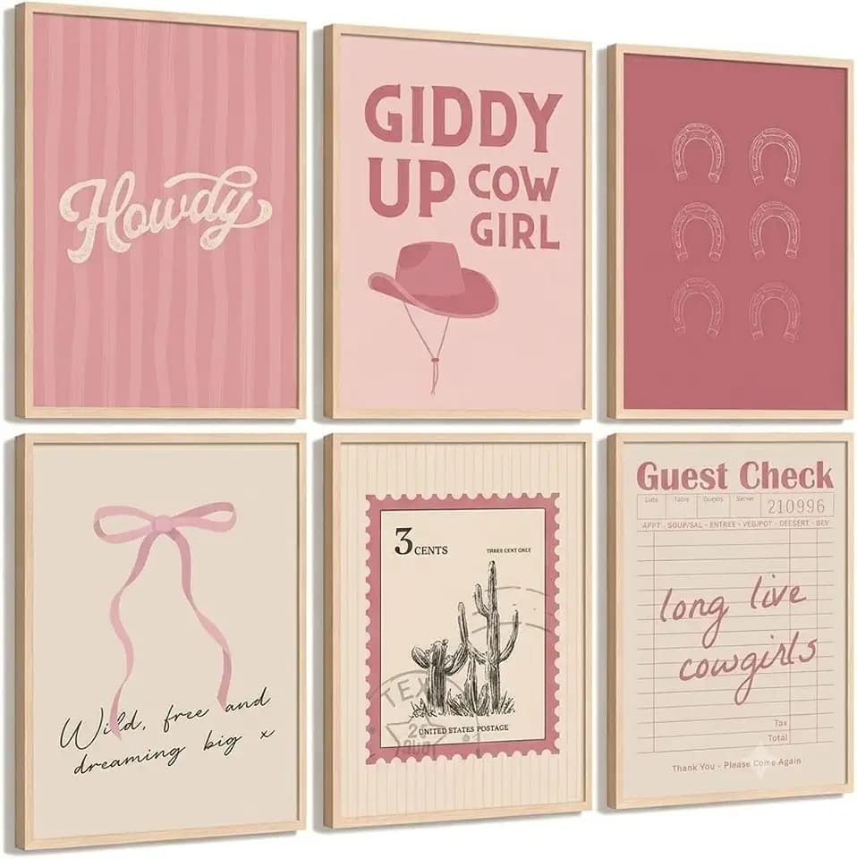 6Pcs Pink Western Cowgirl Canvas Wall Art, Preppy Cute Bow Painting Pictures Wall Decor, Vintage Cowboy Hat Posters Print Artwork for Girly Living Room, Dorm, Home Decoration 12x16in Unframed