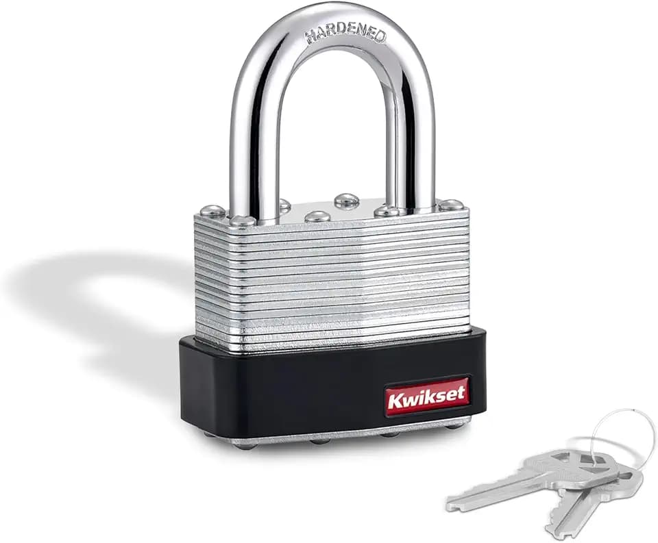 Kwikset Laminated Steel Padlock with Hardened Steel Shackle, 1-Pack, Silver