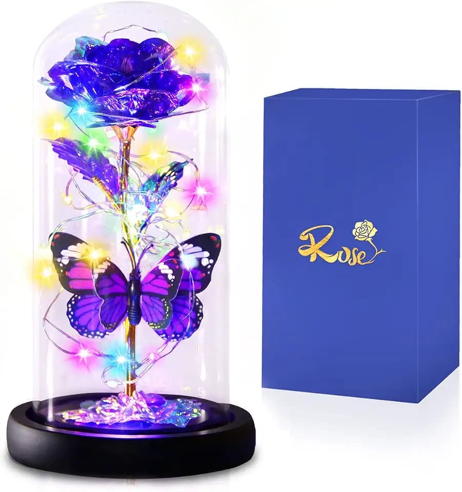 Enchanted Galaxy Butterfly Rose in Glass Dome Purple Gifts Mom Her