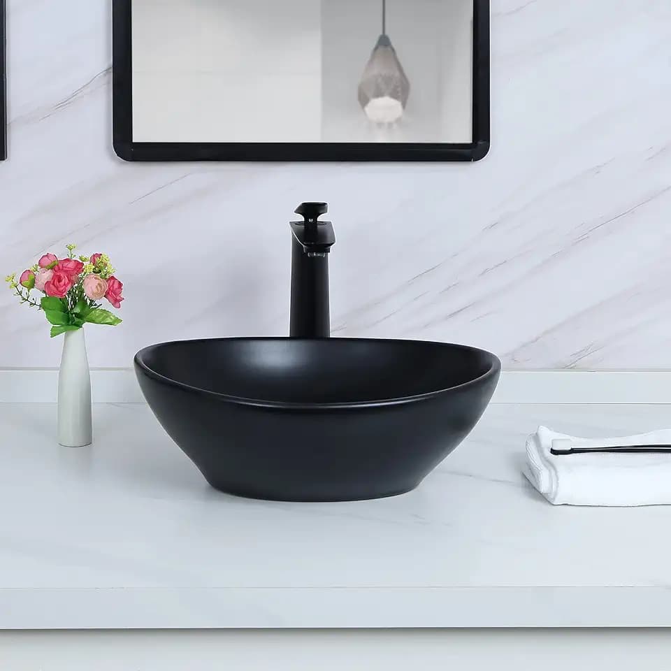 Davivy 15.7" x 13" Matte Black Oval Vessel Sink with Pop Up Drain,Bathroom Sinks Above Counter,Bathroom Vessel Sinks,Ceramic Vessel Sinks,Matte Black Vessel Sink for Bathrooms