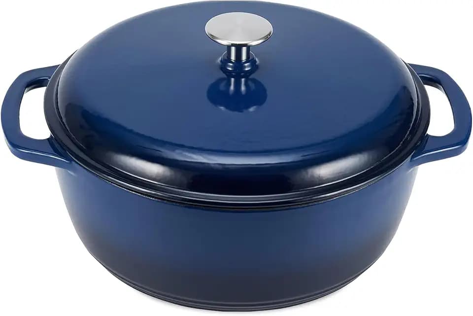 Amazon Basics Enameled Cast Iron Dutch Oven Pot With Lid, 6-Quart, Round, Dual Handles, Heavy-Duty, Oven Safe for Stews, Roasting & Baking, Navy