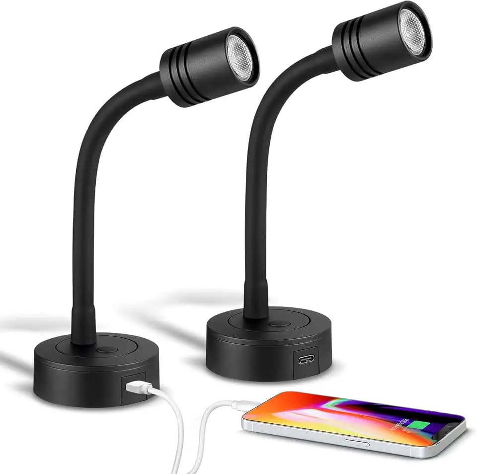 12V Leselampe Wohnmobil Boot Dimmbare Nachttischlampe Schwanenhals LED Wandlampe für Van LKW Wohnwagen, Eingebautes Typ-C-Ladegerät & Drücken Dimmschalter 3200K, 2 PCS