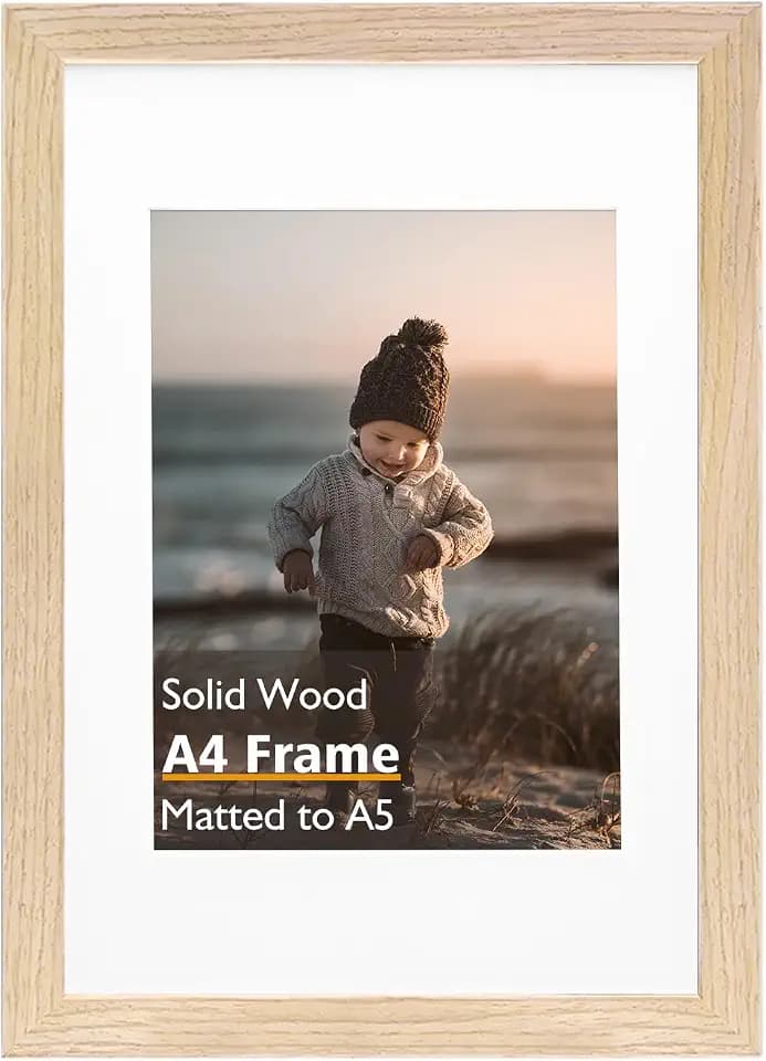 KINLINK A4 Picture Frame, Natural Solid Wood Frame with Acrylic Plexiglass for Pictures A5 with Mat or A4 without Mat, Tabletop and Wall Mounting Display Photo Frame 1 Pack