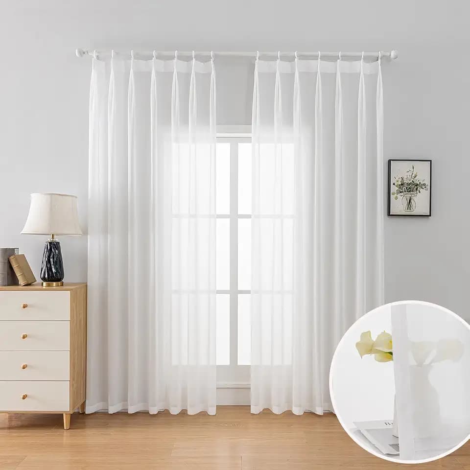 Off White Sheer Curtains Pinch Pleat Curtains 108 Inches Long 1 Panel Elegant Light Filtering Pinch Pleated Drapes White Curtain for Living Room Sliding Glass Door, W66 x L108