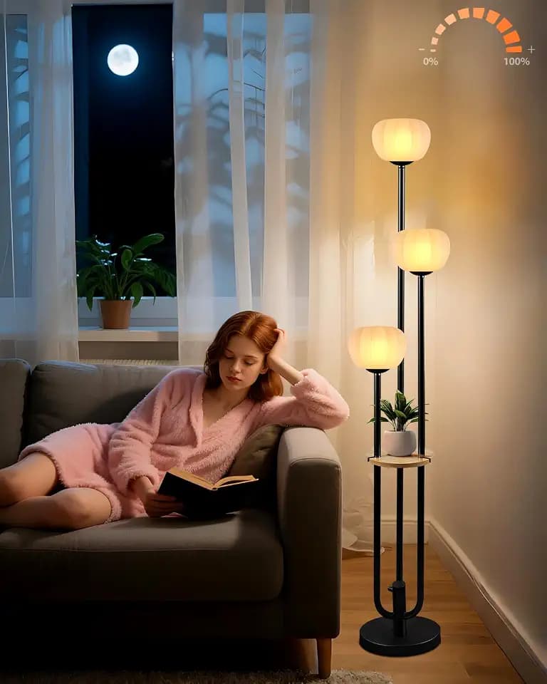Black Floor Lamp Dimmable Modern Floor Lamps with Pumpkin Lampshade & Table, 3000K Soft Warm White Bulbs Included, 3-Light Tall Standing Lamp with 5Lbs Heavy Base for Living Room/Bedroom