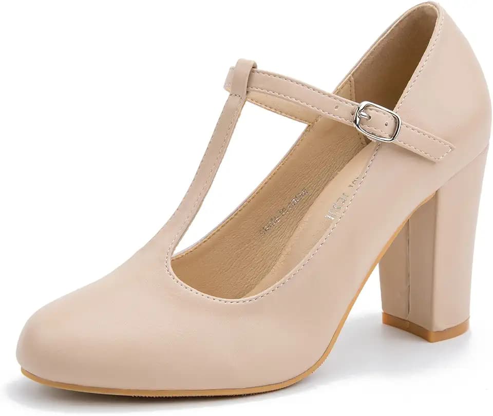 Women's T-Strap Mary Jane Pumps, Chunky Heel, Vintage Style, 3.54 Inch Round Toe Dress Shoes