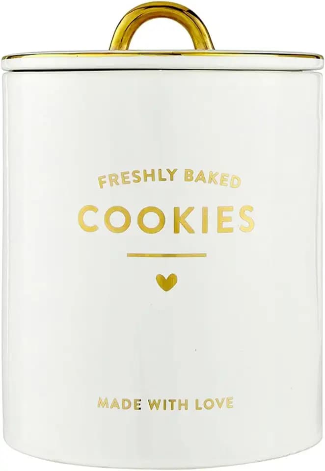 Santa Barbara Design Studio Ceramic Cookie Jar, White and Gold Foil Airtight 8" Tall, Freshly Baked Cookies