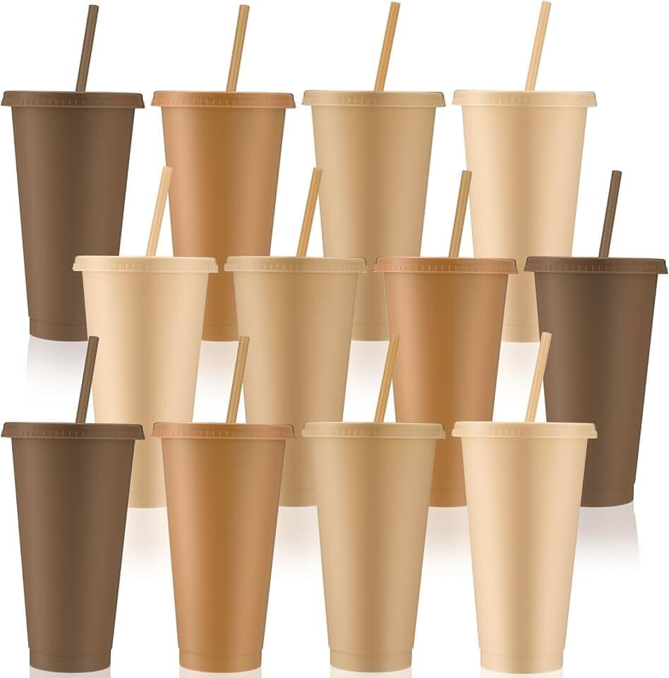 Skylety 12 Pcs Brown Plastic Cups with Lids and Straws 24 oz