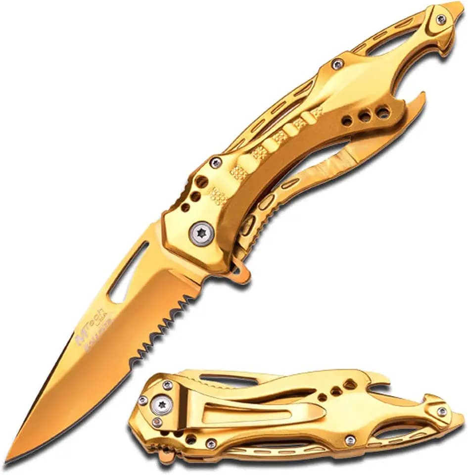 MTECH USA Folding Knife, 3.75-Inch Half-Serrated Blade, Titanium Coating, Glass Breaker, Pocket Clip