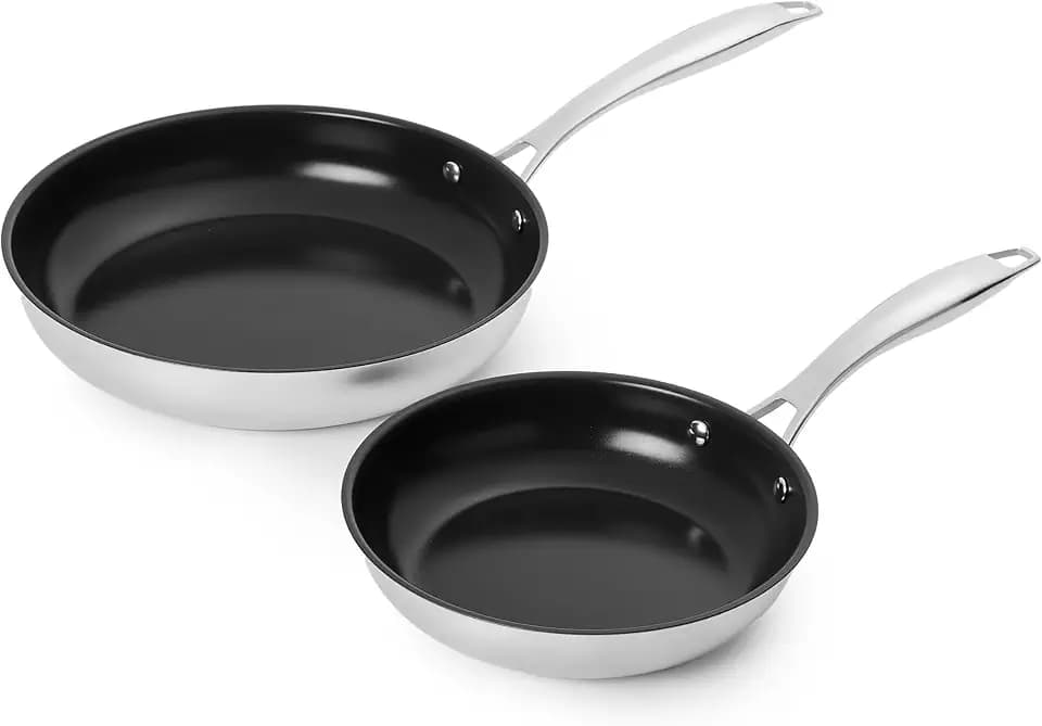 Amazon Basics Ceramic Non-Stick Frying Pan Set, Stainless Steel, Oven Safe to 390°F, 10-Inch and 8-Inch, 2-Piece