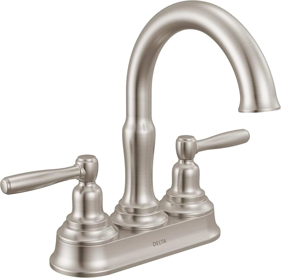 Delta Roe Centerset Brushed Nickel Bathroom Faucet, 4 Inch 3 Hole Bathroom Sink Faucet for Vanity, Push-Pop Drain Assembly, Stainless 25985LF-SS