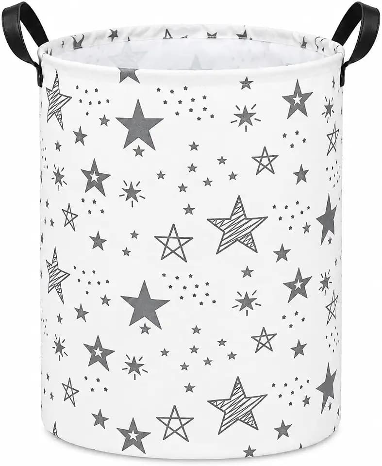 Collapsible Kids Laundry Basket Clothes Hamper, Foldable Storage Organizer Bin, Toy Clothes Storage with Handles for Boys Girls Bedroom, Room Decor Grey Star