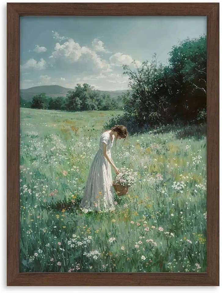 Framed Canvas Wall Art of Girl Picking Flowers in Meadow – Cottagecore Vintage-Style Landscape with Oil Painting Texture – Rustic Farmhouse Décor for Living Room or Bedroom – 12x16 inch