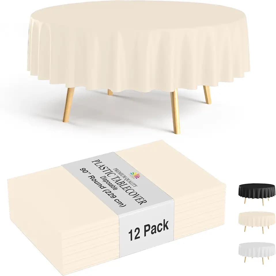 Party Solids 12-Pack Ivory Round Plastic Tablecloth Disposable – Size: 90 Inches – Round Plastic Table Cloths for Parties, Picnics & Formal Events