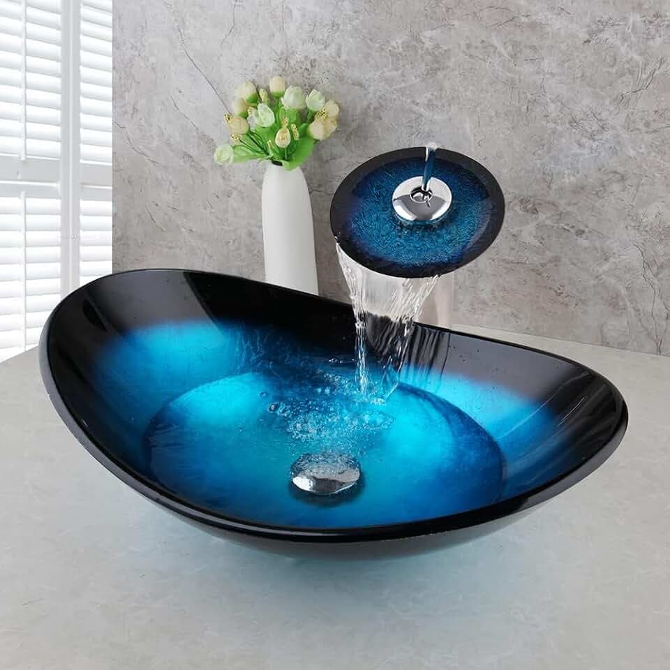 Oval Blue Glass Vessel Sink Set, 22x14 Inch
