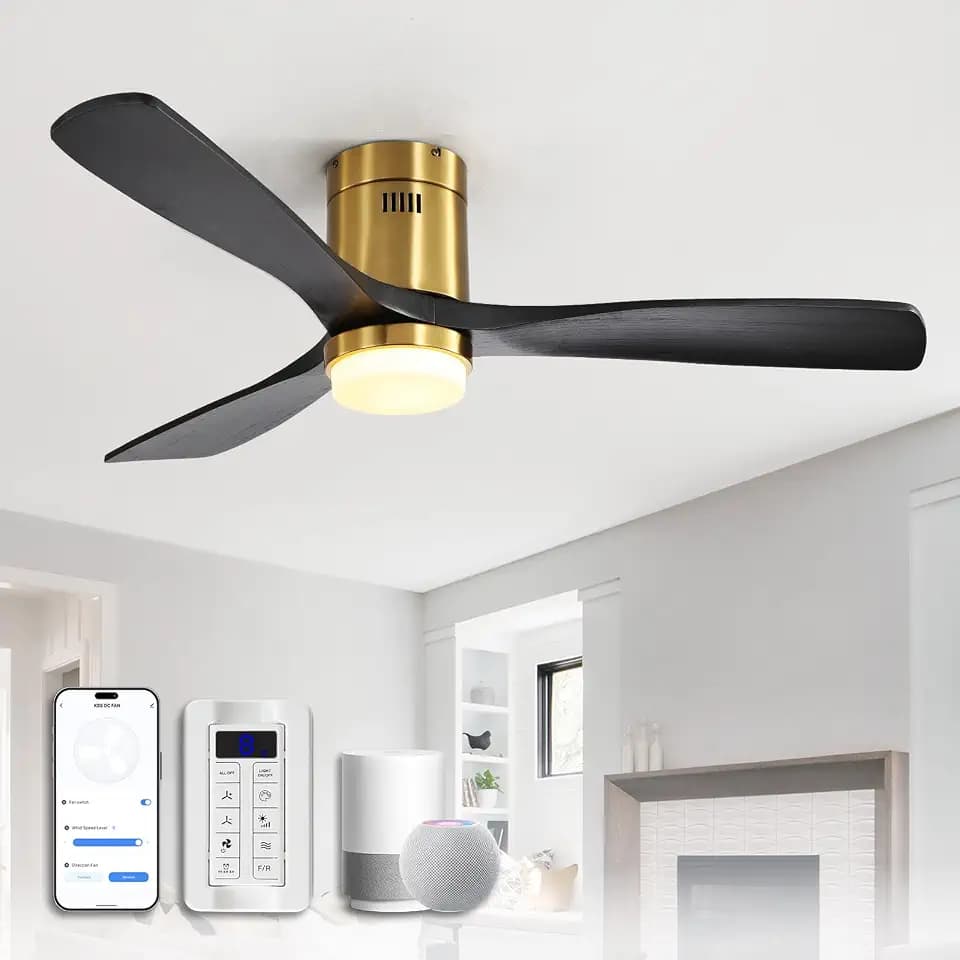CACI Mall Smart 52 inch Wood Flush Mount Ceiling Fans with Lights and Remote, 3 Blades, Low Profile, Modern, Compatible with Alexa/Google/App, Outdoor Indoor Ceiling Fans for Bedroom/Farmhouse/Patio