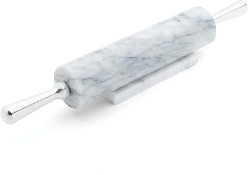 Fox Run Marble Rolling Pin & Stand, White Marble With Aluminum Handles Pin
