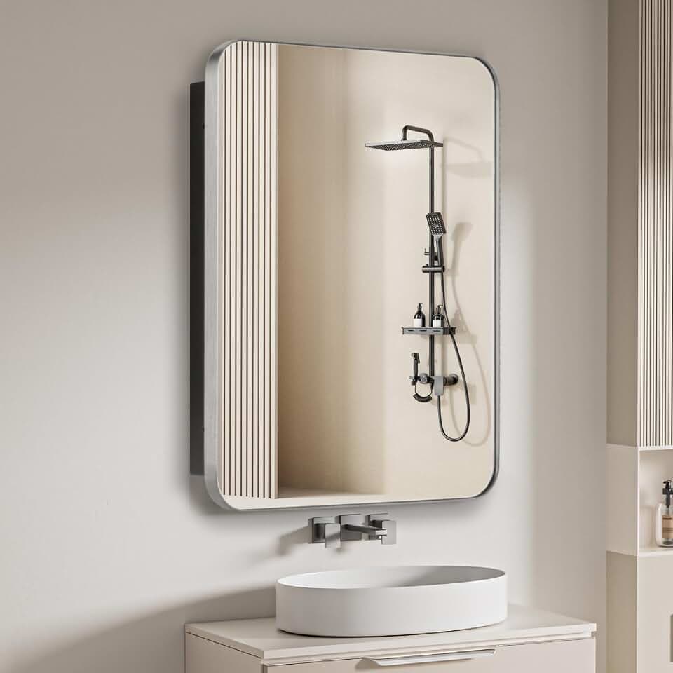 16" x 20" Bathroom Medicine Cabinet with Mirror Door, Brushed Nickel Stainless Steel Frame, Recessed or Surface Mounted,Storage Cabinet with Adjustable Metal Shelves,Upgraded Version