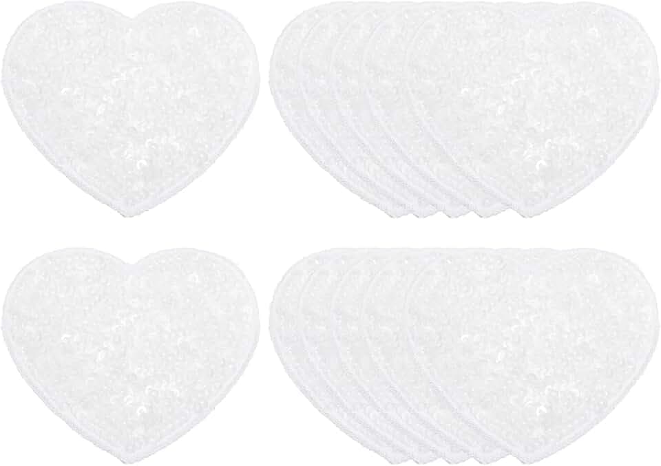 MECCANIXITY 12 Pcs Sequin Heart Iron on Patches 2.7 x 2.4 Inch White