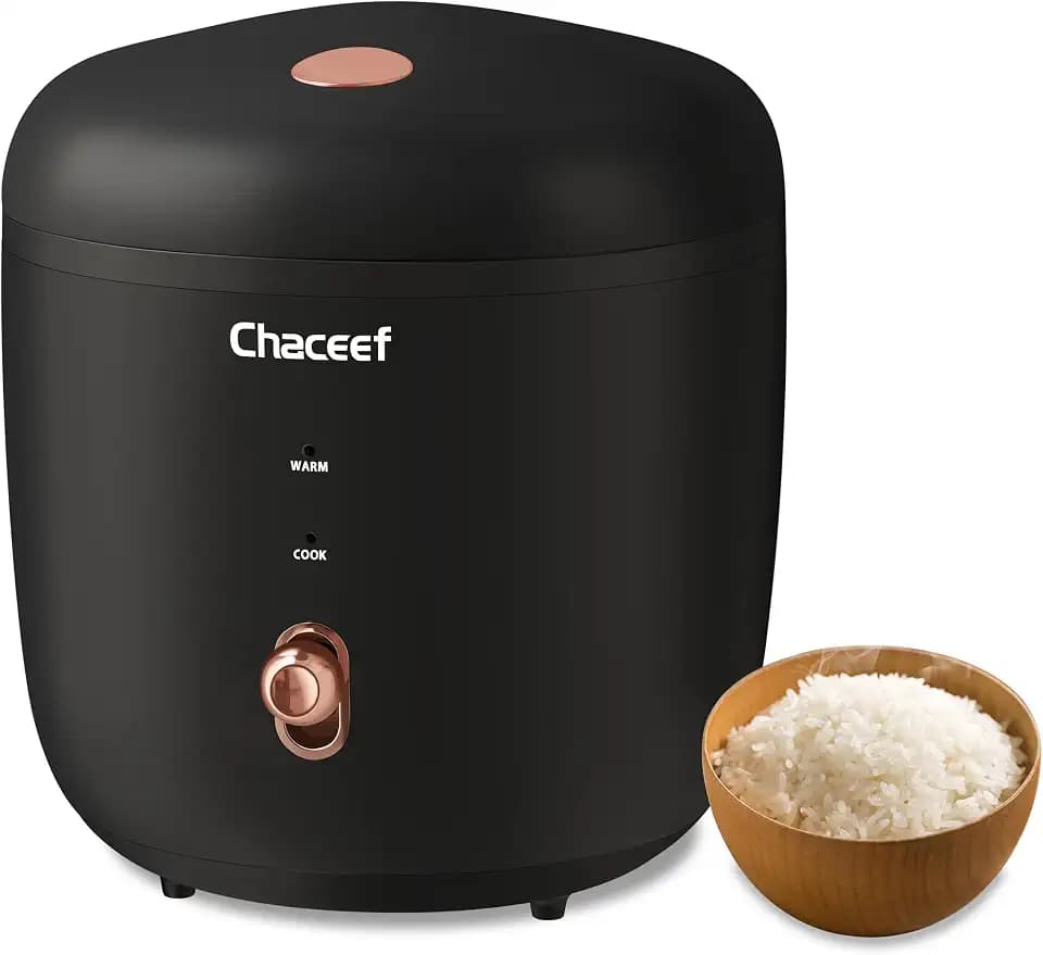 CHACEEF Rice Cooker 2 Cups Uncooked, 1.2L Portable Rice Cooker Small, Black