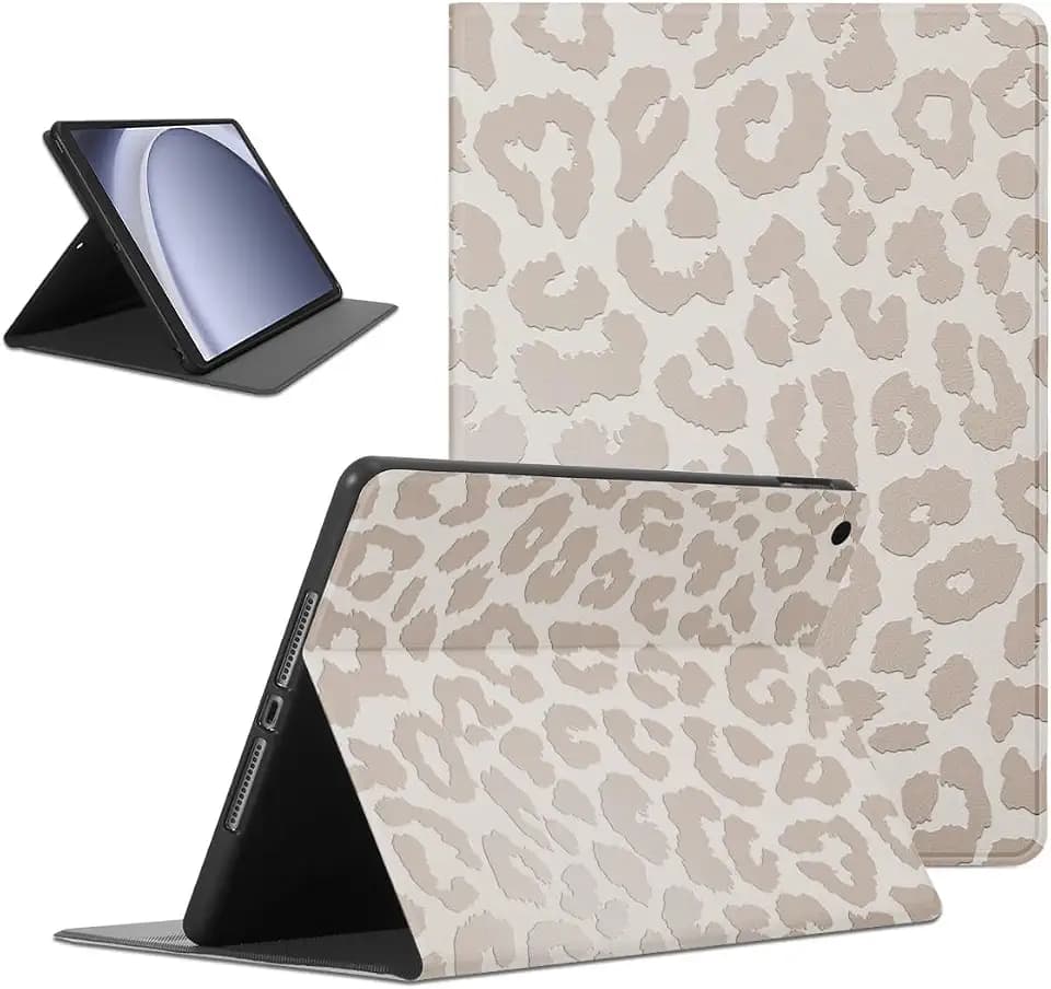 Coalbooliy Hülle für Samsung Galaxy Tab A9, Aesthetic Leo Leopard Motiv Design Ultra Dünn Leicht SchutzHülle Cover mit Standfunktion TPU Rücken Slim PU Leder Smart Folio Tablet Case, Weiß
