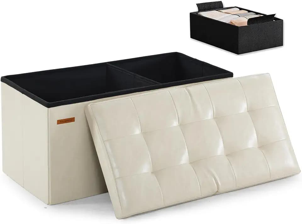 HAUSFRAU Ottoman with Storage Bench Folding Foot Rest Stool Ivory