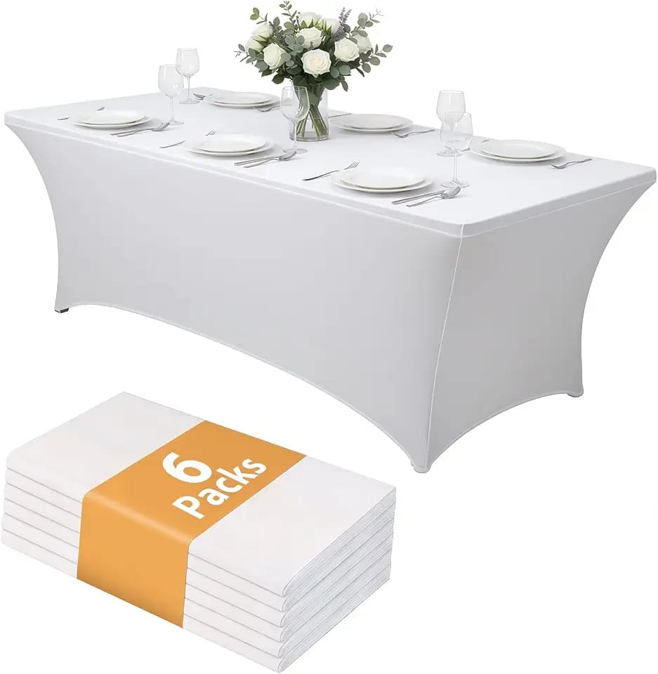 6 Pack 8FT Rectangular Spandex Tablecloth,Wrinkle Resistant Fitted Cover for 96x30 inch Banquet Table Cloth, Washable Stretch Fabric for Party, Events, Wedding, Vendor - White