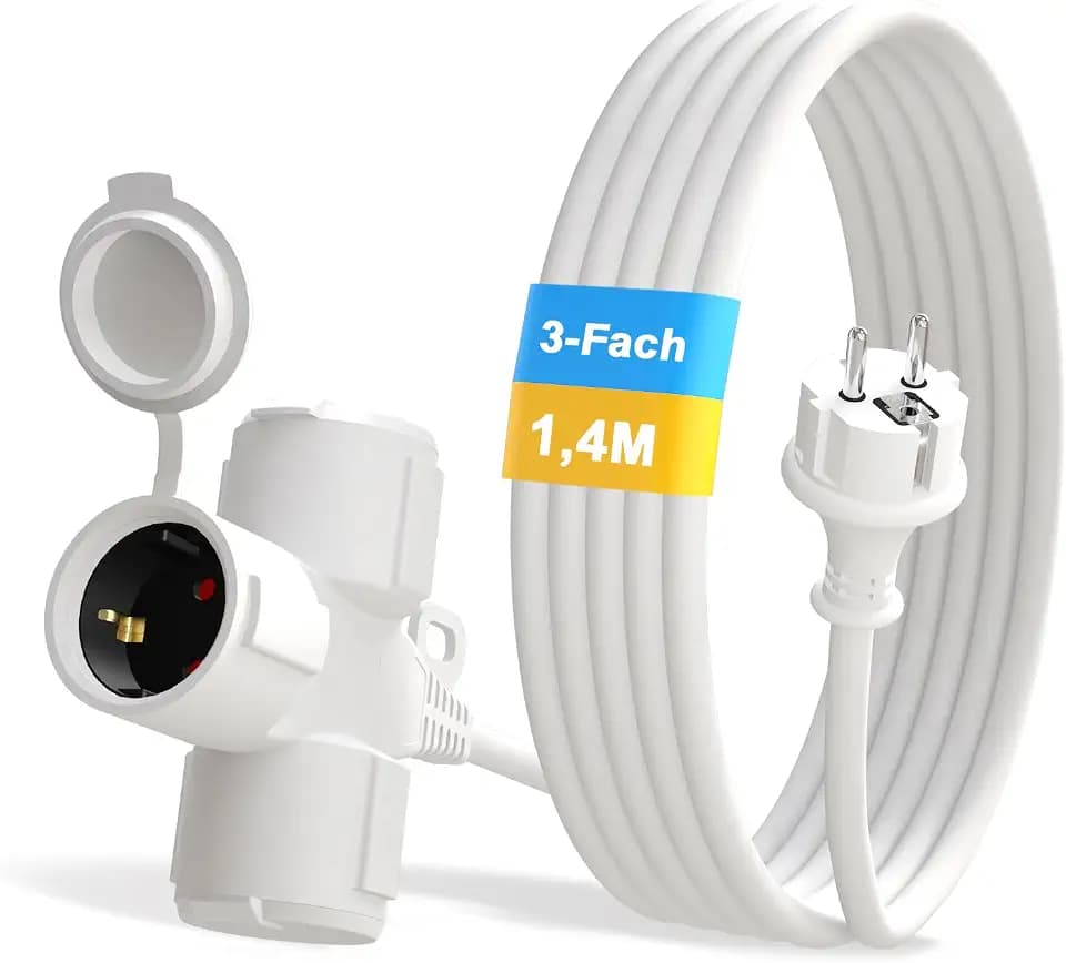 Verlängerungskabel Outdoor 1,4m 3-Fach Schuko IP44 Gummi 3500W weiß