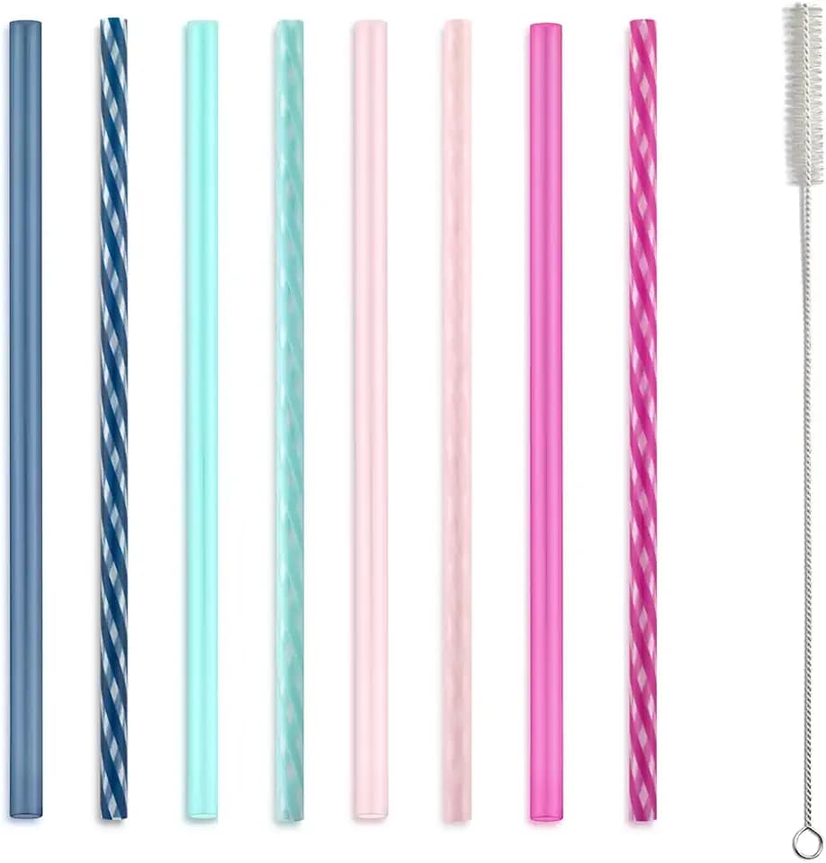 Ello Impact 8 Pack Reusable Plastic Straws, Dishwasher Safe, BPA-Free with Cleaning Brush,Rosewater