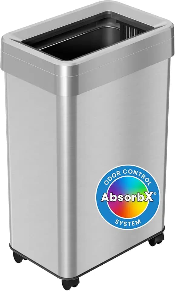 iTouchless 16 Gallon Open Top Kitchen Trash Can Recycling Bin with Wheels and Double Odor Filters Rectangular Commercial Stainless Steel 60 Liter Trashcan Home Office Work Bedroom Livingroom Garage