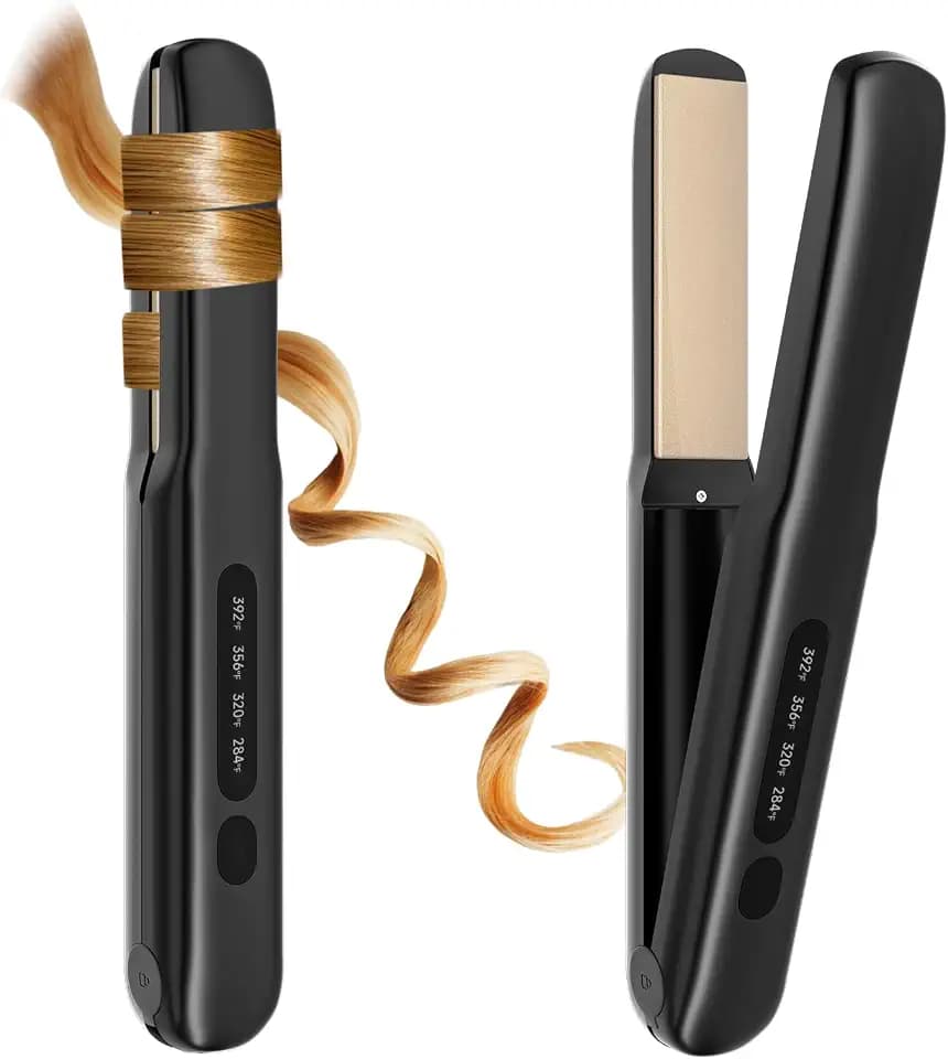 Cordless Hair Straightener and Curler, 2 in 1 Portable Mini Flat Iron & Curling Iron, Fast Heating & Titanium Plate Straightener with 4 Adjustable Temp,Travel Size Preferred Gifts