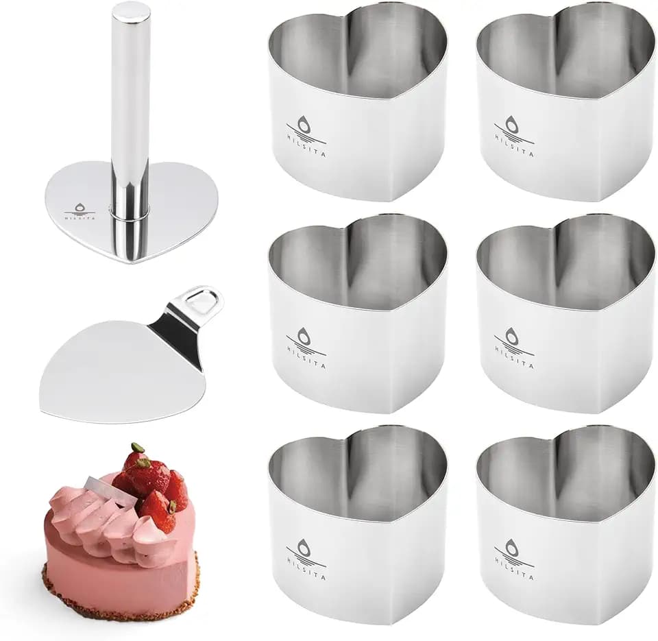 Heart Cake Ring Molds, Seamless Stainless Steel Cake Cutter For Baking, 3 inch Cooking Rings with Pusher & Lifter, Dessert Mousse Molds Baking Tools, Includes 1 Pusher, 1 Lifter and 6 Rings