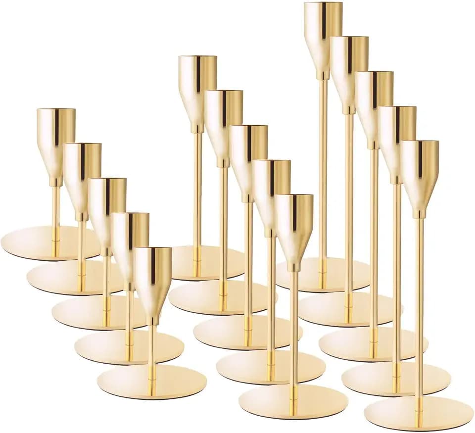 Gold Candlestick Holders, Metal Taper Candle Holders, Bulk Set of 15
