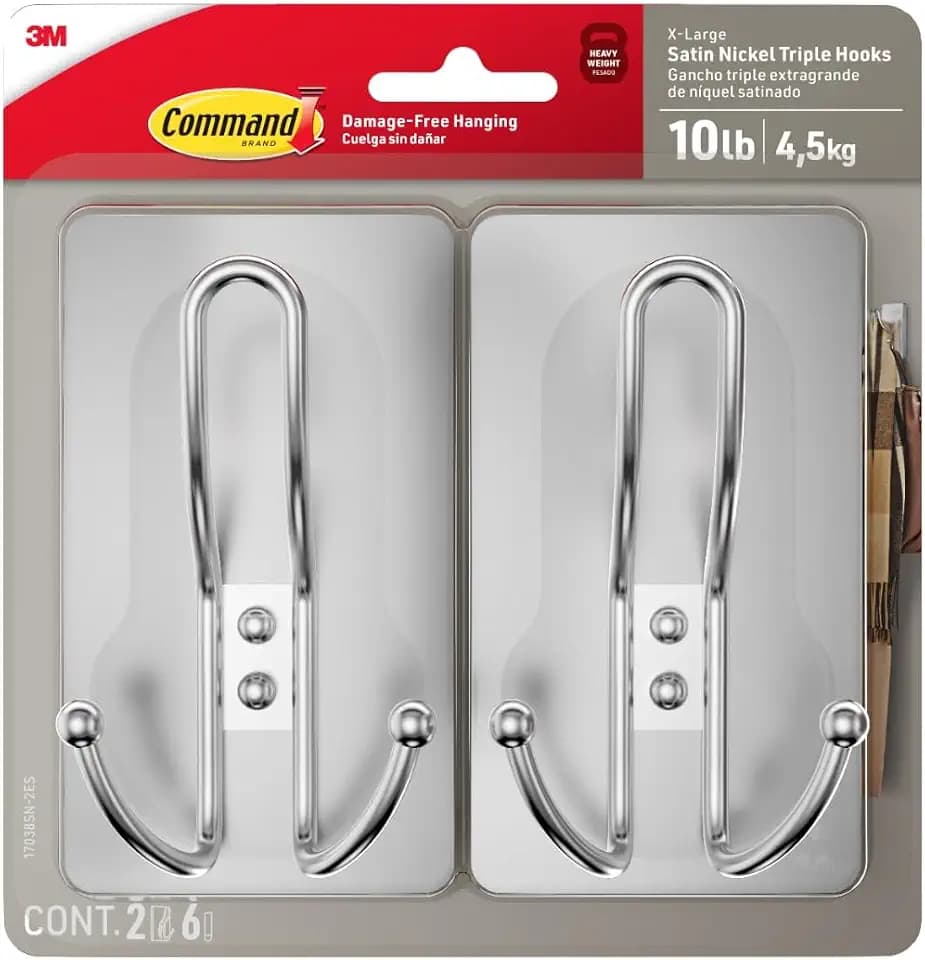 Command X-Large Satin Nickel Triple Hooks, 2 Hooks, 6 Strips