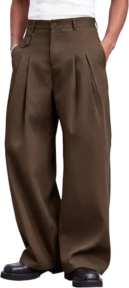 Runcati Mens Baggy Dress Pants Pleated Wide Leg Casual Elastic Waist Slacks