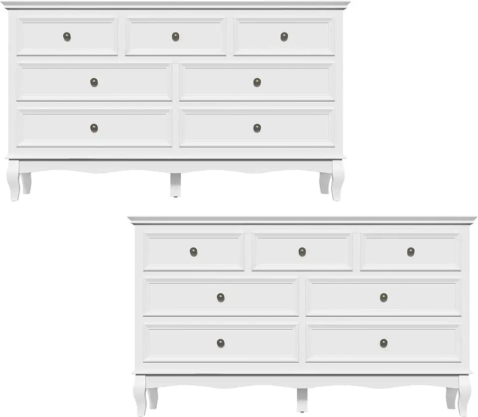 FansaFurn Farmhouse 7 Drawers Dresser for Bedroom Set of 2, 55" Wide Solid Wood Chest of Drawers, Vintage Design Storage Dressers Organizer for Bedroom, Living Room, Home Office, White