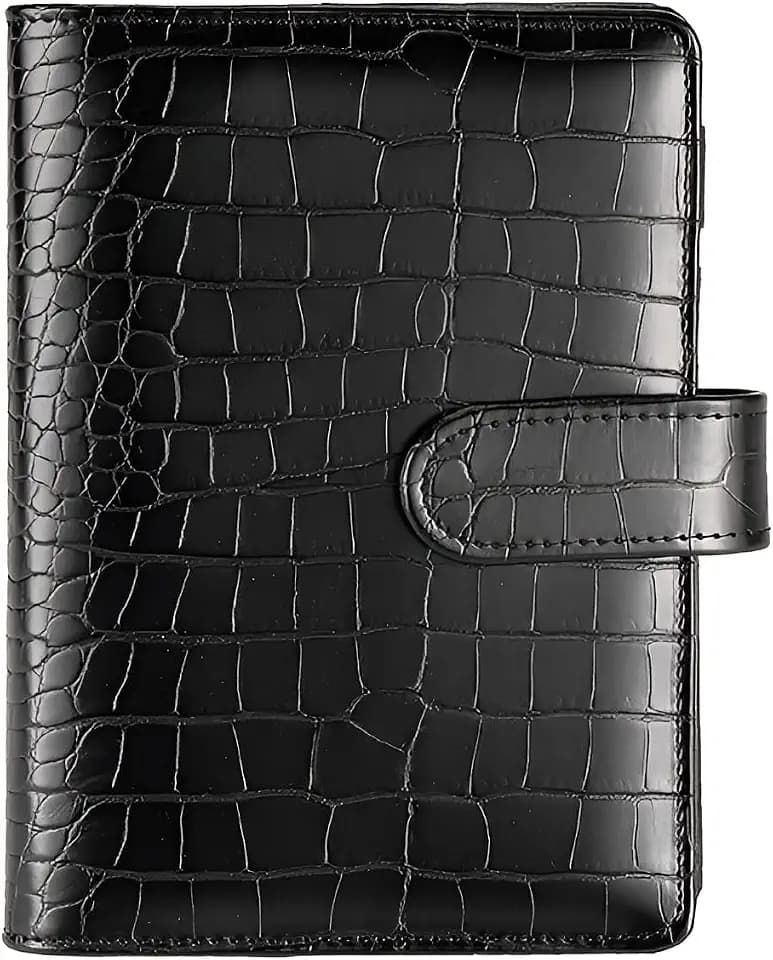 A5 6 Ring Binder Cover Crocodile - Large PU Leather Notebook Binder with Hidden Snap Buckle, Refillable Budget Planner, Black