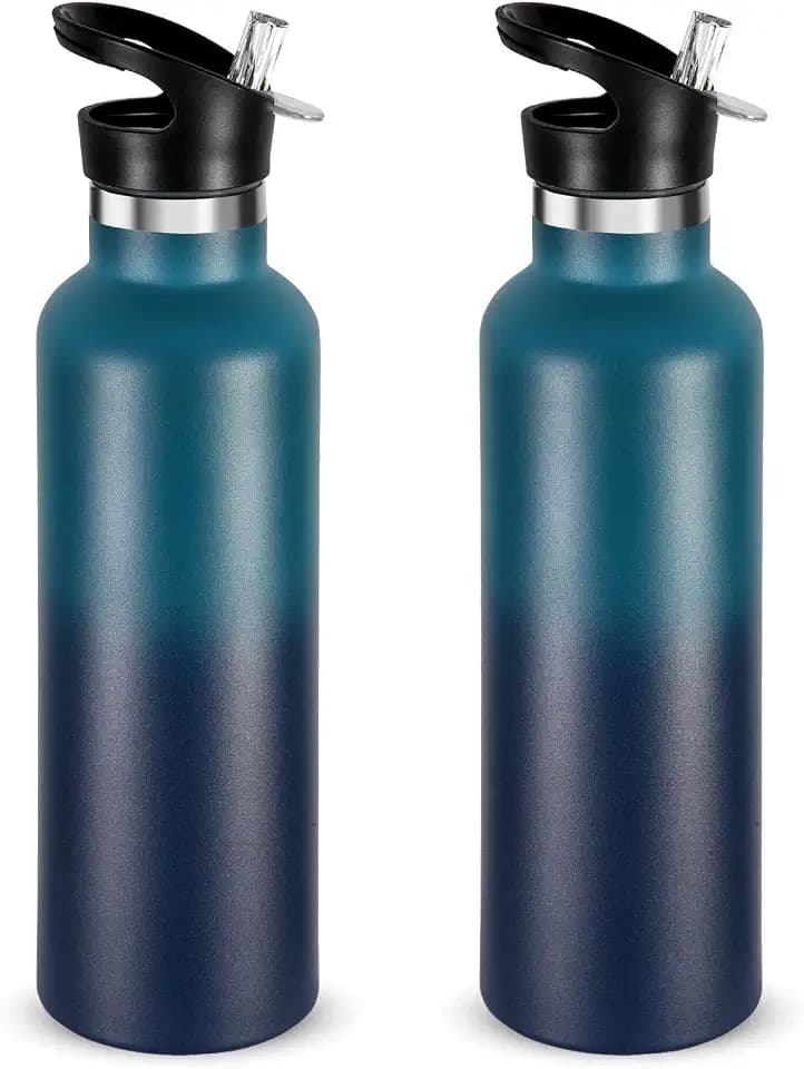 Neihepal 24oz Insulated Water Bottles Bulk 2 Pack,Stainless Steel Double Wall Sport Bottle with Straw Lid,Metal Reusable Thermoses Cup with Hand Cap for Cyclists,Gift (Dark Night Gradient,Set of 2)