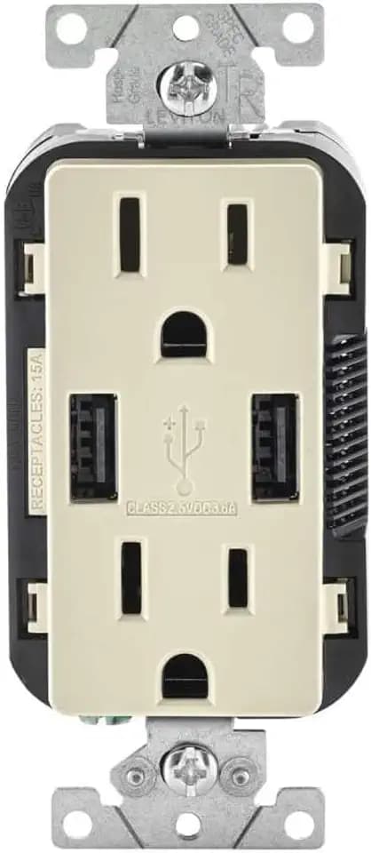 Leviton Type-A USB in-Wall Charger with 15A Tamper-Resistant Outlet, USB Charger for Smartphones, T5632-BT, Light Almond