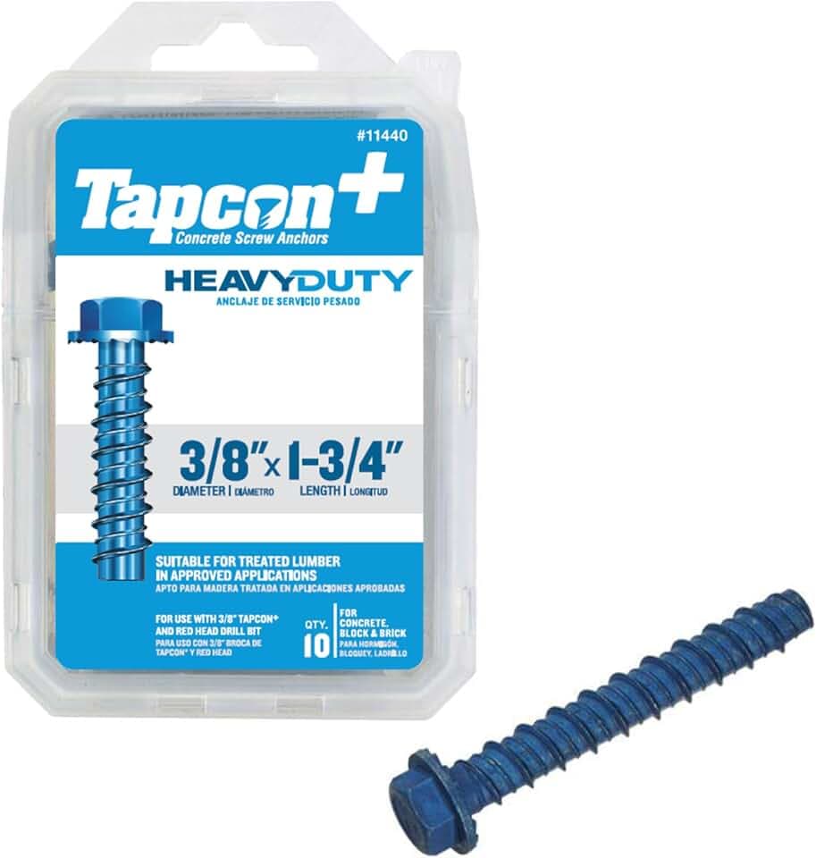 Tapcon+ 3/8 x 1-3/4 Inch Heavy-Duty Hex Head Concrete Anchors, 10 PCS, Corrosion Resistant Blue Climaseal™ Coating, Outdoor Rated Use, Concrete Block & Masonry Brick Screws, Drill Bit Sold Separately