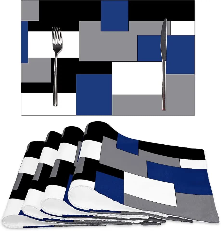 Blue Grey Black White Placemats Set of 4,Geometric Square Table Place Mats Waterproof Burlap Washable Dining Placemats for Home Kitchen Decorations (Blue Black, 12" Wx18 L)